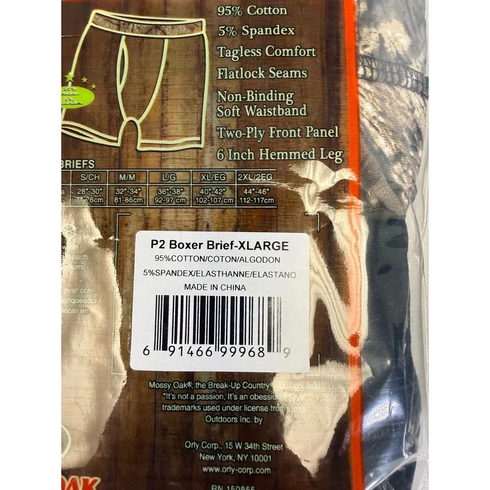 Mossy Oak Mens Boxer Briefs 2-Pack XL 40-42 Camo Black Cotton Stretch Underwear